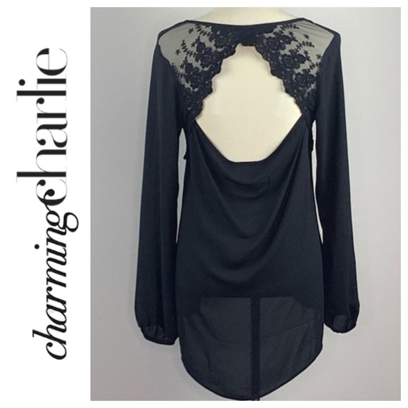 Charming Charlie Tops - Charming Charlie Sheer Black Open Back Blouse M